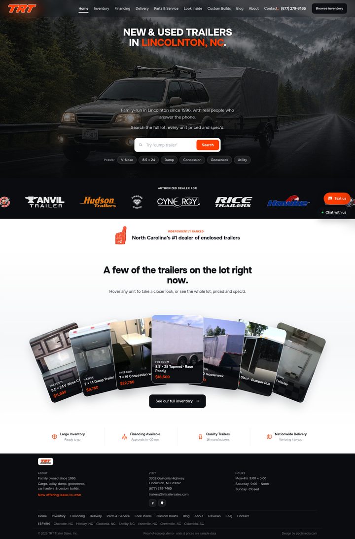 Full-page view of the TRT Trailers website