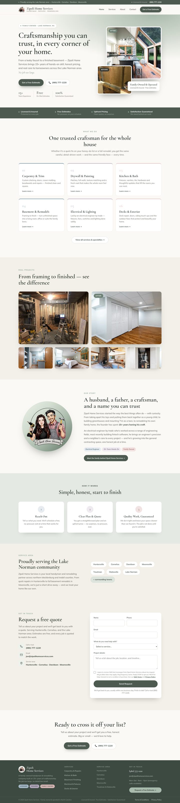 Full-page view of the Zipoli Home Services website